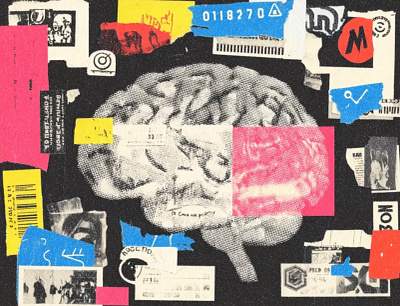 Everything Is a Remix Article Illustrations abstract ai article artifact barcode brain cmyk collage cut paper digital digital collage editorial halftone illustration image generation paper print scrap torn paper xray