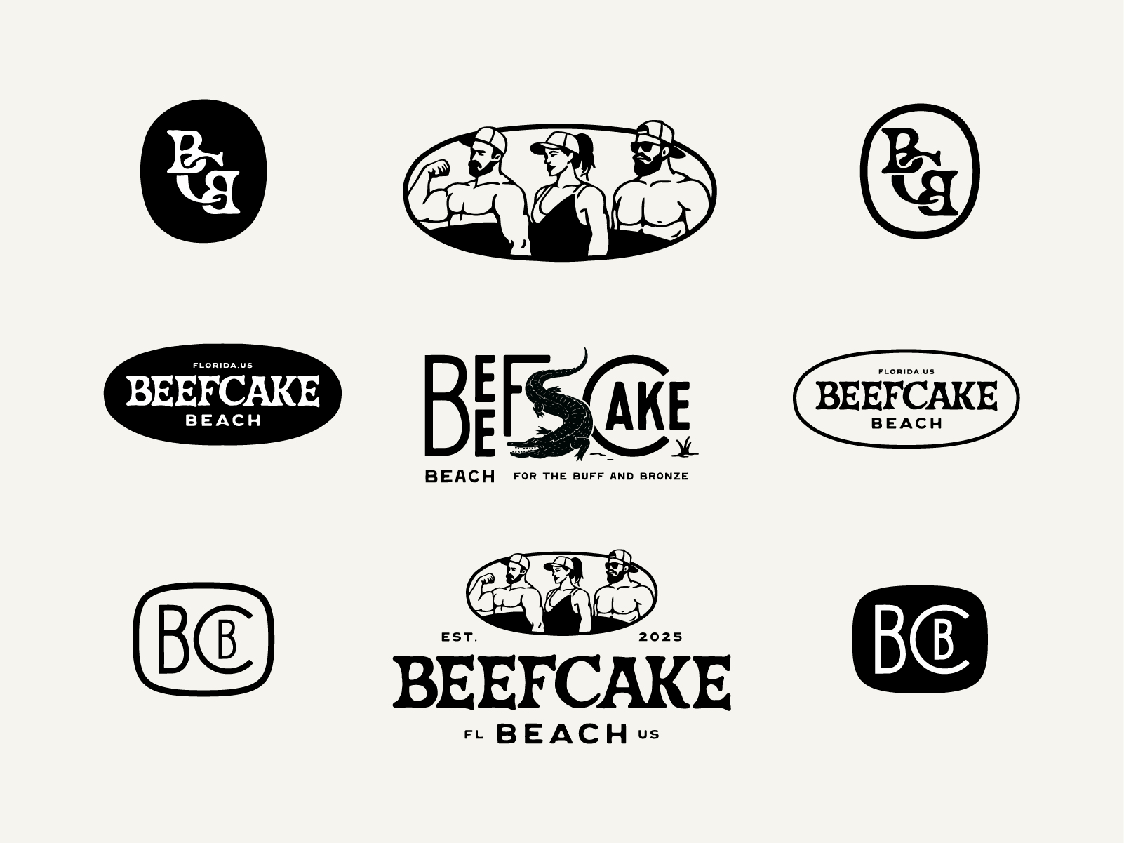 Beefcake Beach: Visual Identity apparel badge design badge logo beach bodybuilder crocodile florida graphic design gym gymrat hat logotype merchandise monogram monoline retro retro branding surfing tshirt vintage illustration