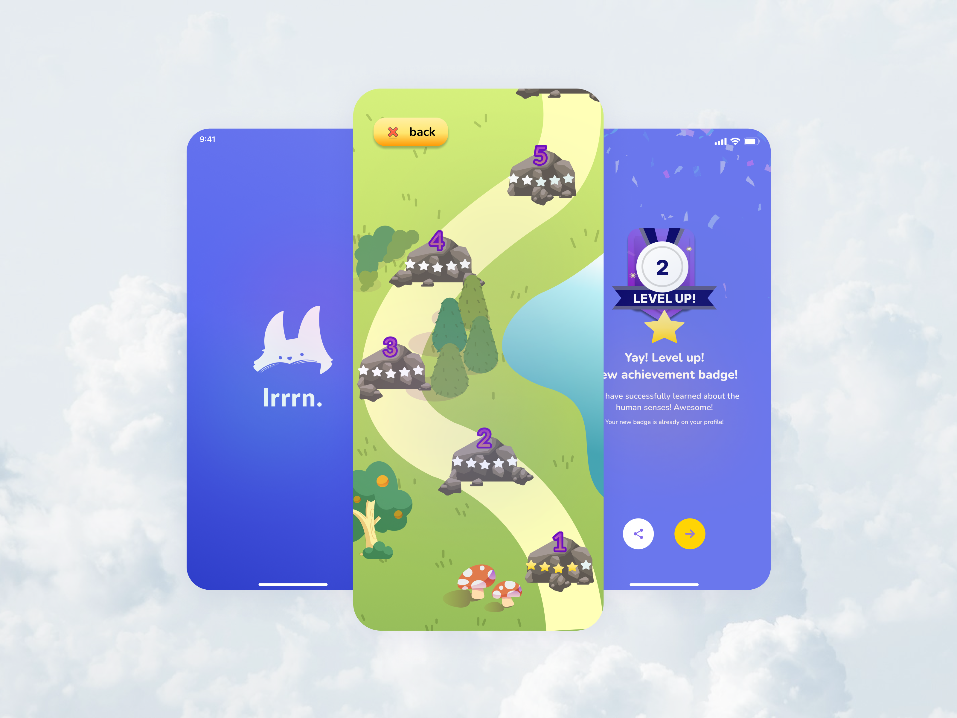 Lrrrn. — Fun Learning App Gamified Learning Journey clean design dashboard education app fun learning game app gamification gamified learning illustration landing page learning app leveling logo mobile design mobile game progress map ui quiz app ui