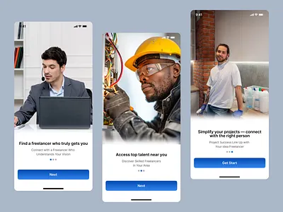 Freelancer App Onboarding Screen client freelance jobs freelancer freelancer portfolio gig economy hire freelancers hire talent hourly contracts invoice generator job marketplace onboarding post a job project tracker real time chat remote work splashscreen task bidding welcomescreen withdrawal methods work from home