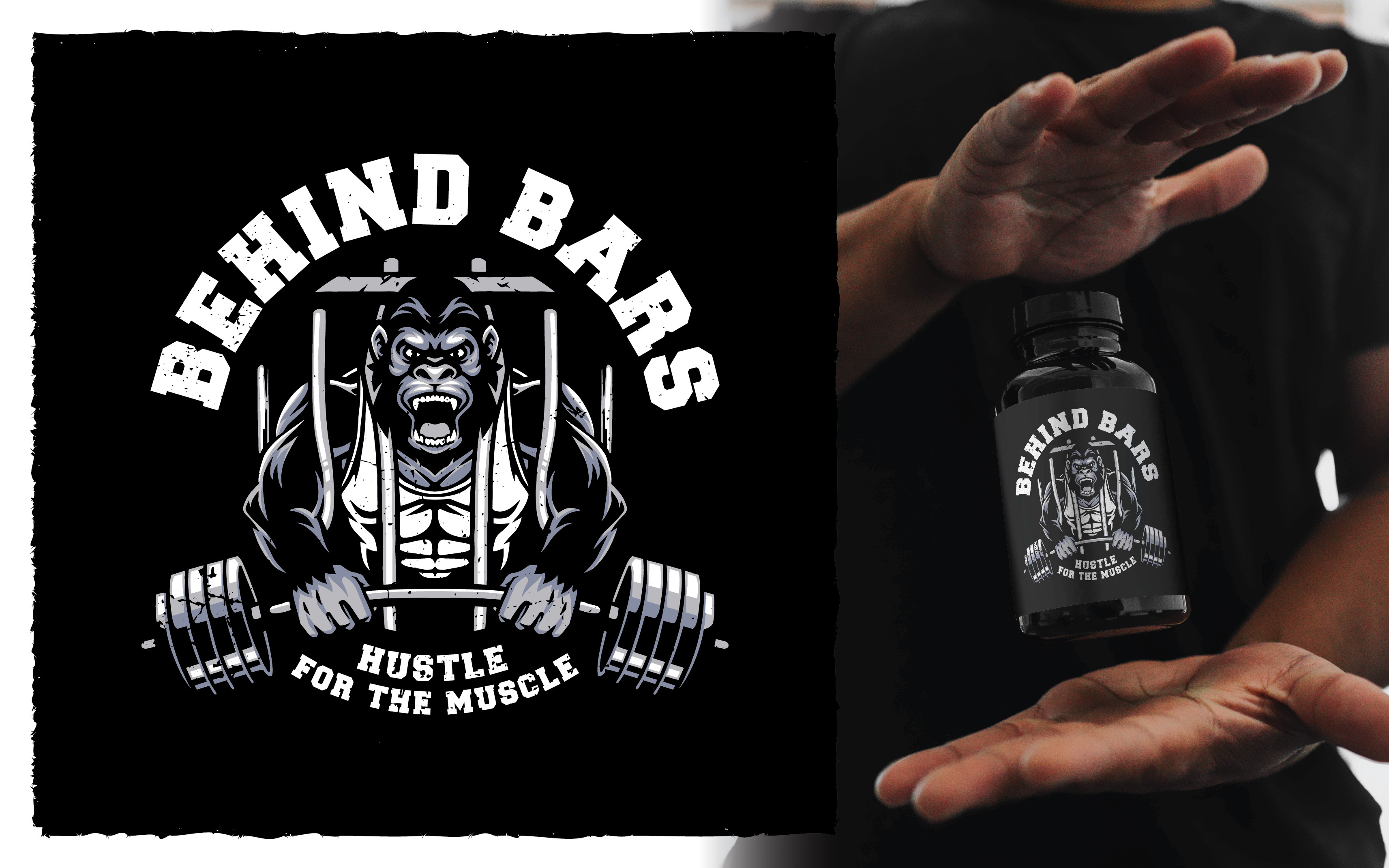 Behind Bars Logo for GYM Supplement artwork branding design fitness design gorilla logo graphic design gym branding illustration logo logo design mascot logo supplement logo vector vintage