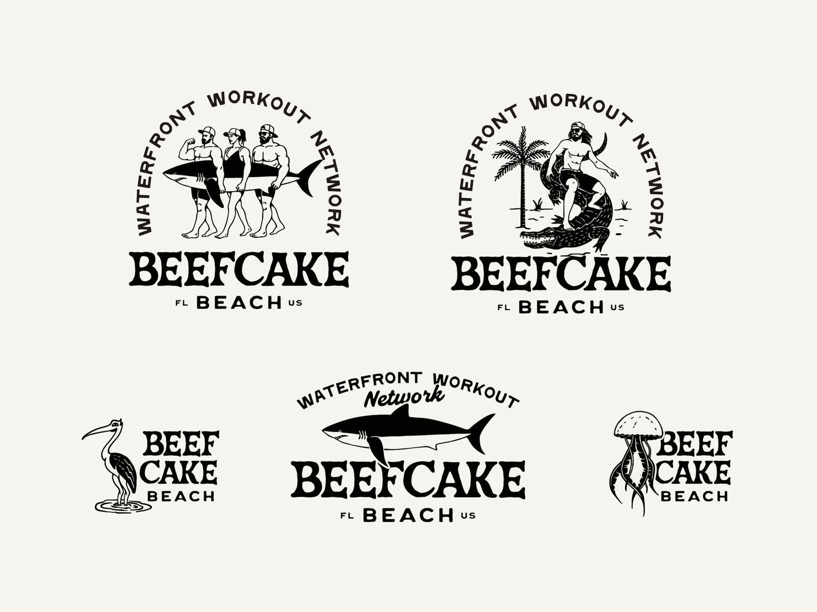 Beefcake Beach: Apparel Illustration Vol. I apparel badge logo beach bodybuilder crocodile florida gym gym wear gymrat hat illustration line lineart merchandise monoline retro branding shark surfing tshirt vintage illustration