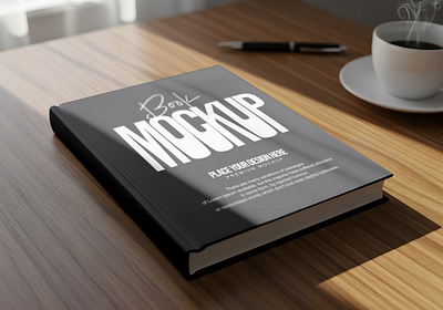 Minimalist Hardcover Book Mockup on Wooden Table workspace