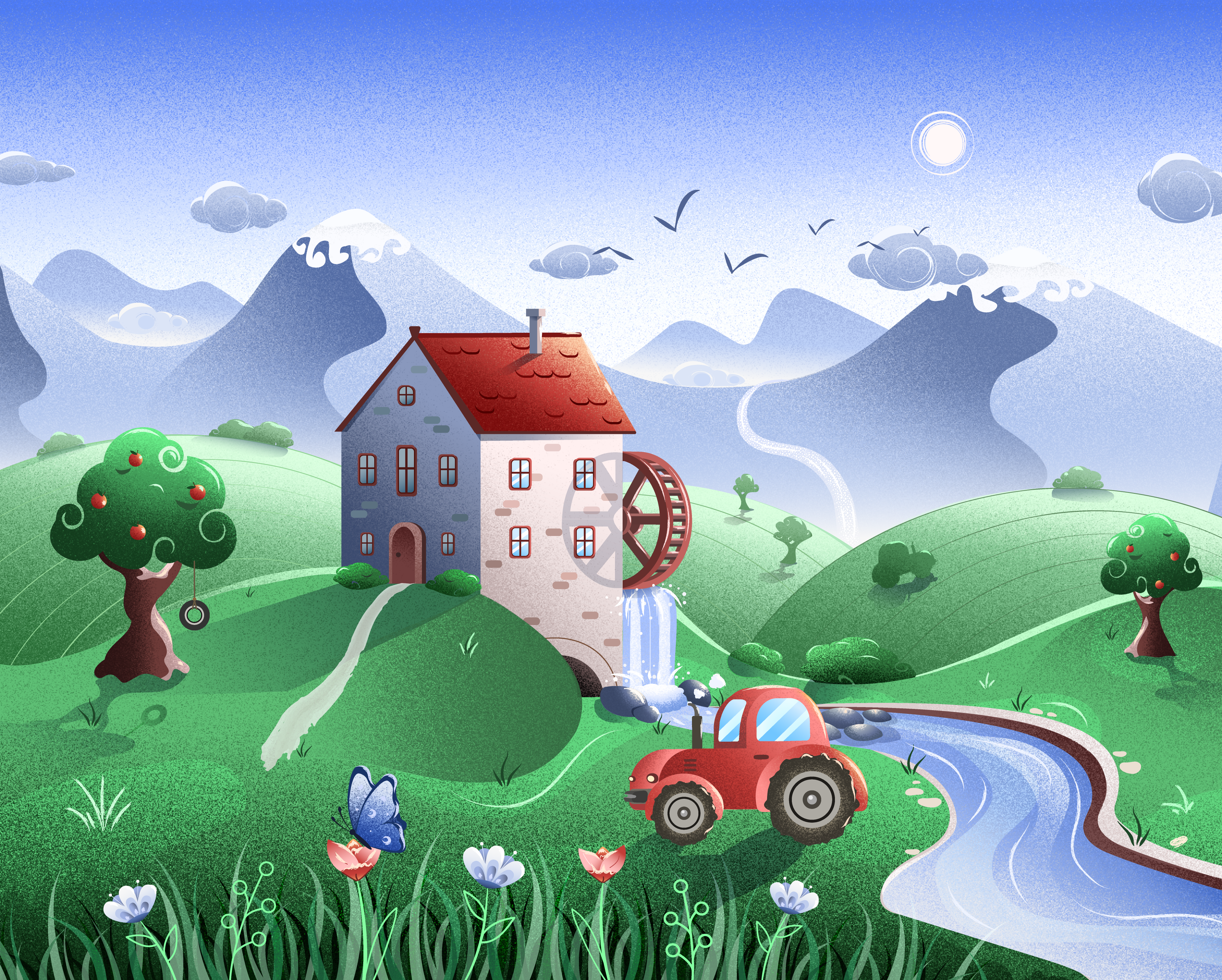 Watermill color flat design hills illustration mill mood mountain river tractor tree watermill