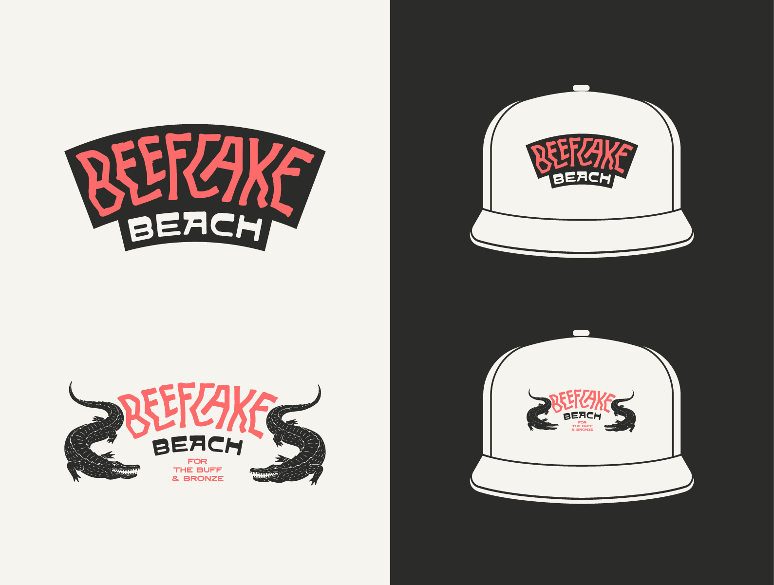 Beefcake Beach: Classic Snapback Vol. II apparel badge design badge logo beach bodybuilder branding crocodile florida graphic design gym hat logotype merchandise monogram monoline retro retro branding surfing tshirt vintage illustration