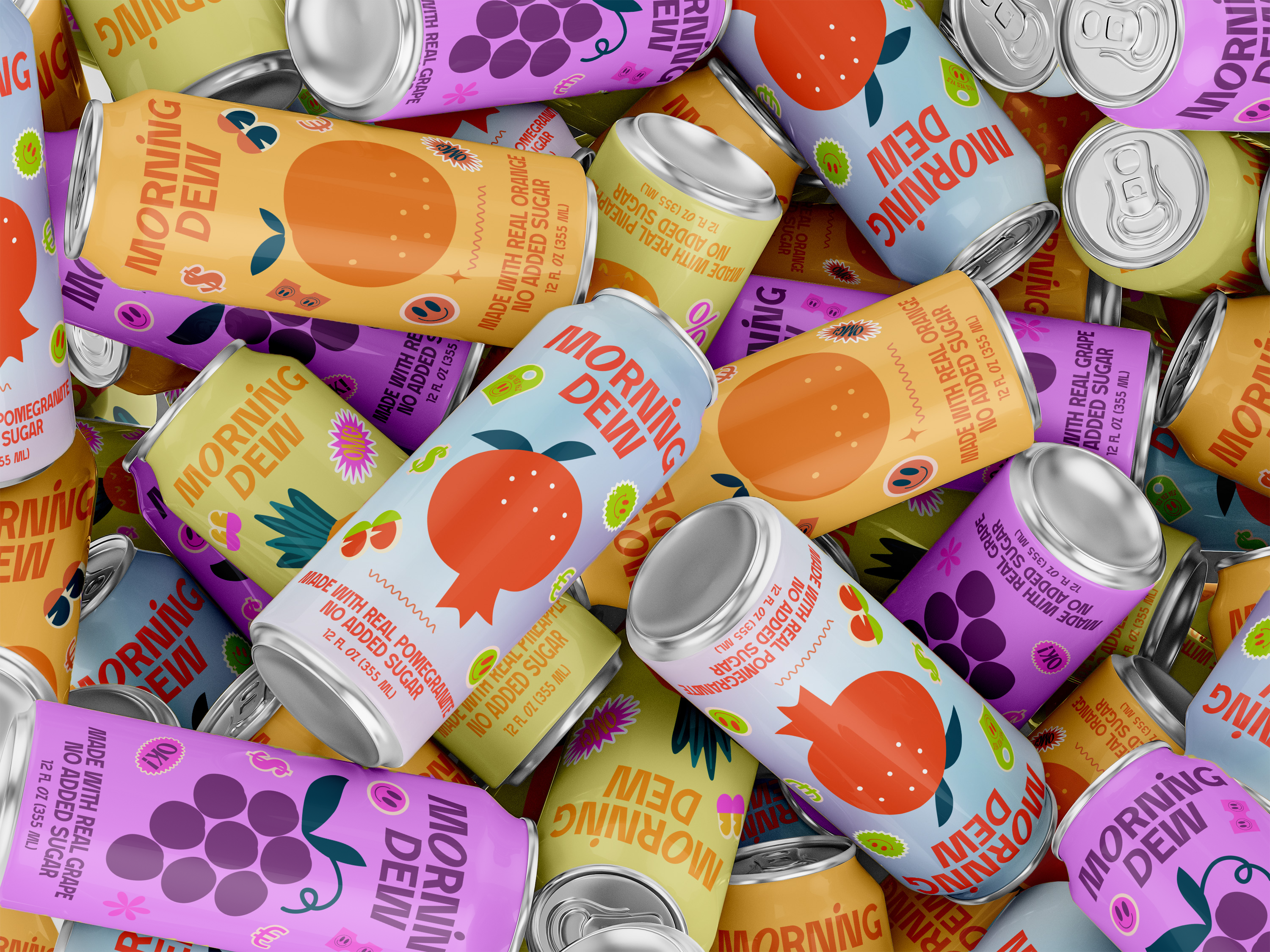 Morning Dew — Minimal Beverage Branding & Can Packaging Design beverage beverage packaging branding can design can label design can packaging drink drink label fruit juice illustration juice juice label design label design minimalist modern packaging packaging design product label soda can soft drink typography