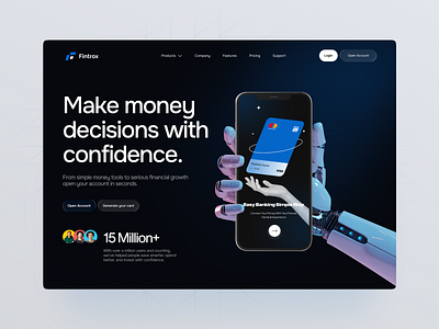 Fintrox – Smart Finance Futuristic Web Design 💳 banking web bankingapp carddesign cleanui dark ui dribbbleshot finance web finance website fintechdesign fintechstartup fintechui herosection minimalui modern design new concept rompweb smartfinance uiux web design