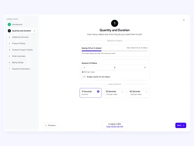 Order Steps UI Design for Kolaj content divider counter counter input design divider figma hint text input product product design progress progress bar radio radio card saas step step indicator toggle ui