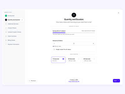 Order Steps UI Design for Kolaj content divider counter counter input design divider figma hint text input product product design progress progress bar radio radio card saas step step indicator toggle ui