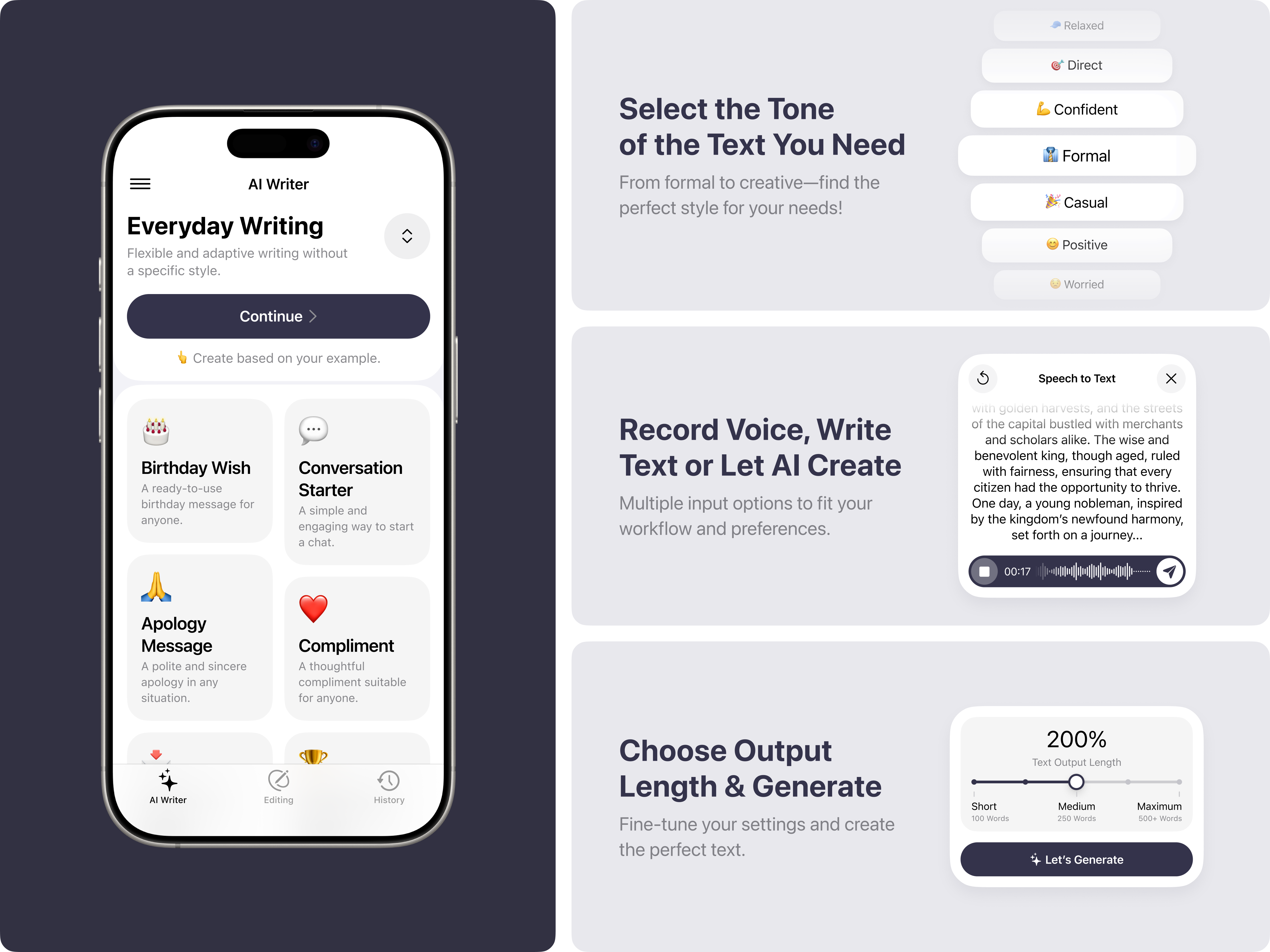 AI Writing Assistant App Design - Bento Grid ai app assistant copywriting creation design editing generation interface mobile record style tech text tone tool ui ux word writing