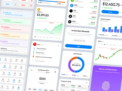 UI components for investment platform app design bento bento cards dashboard dashboard components dashboard design finance finance app finance website fintech investment platform landing page mobile app stock investment stock platform technology website ui ui components ux web design