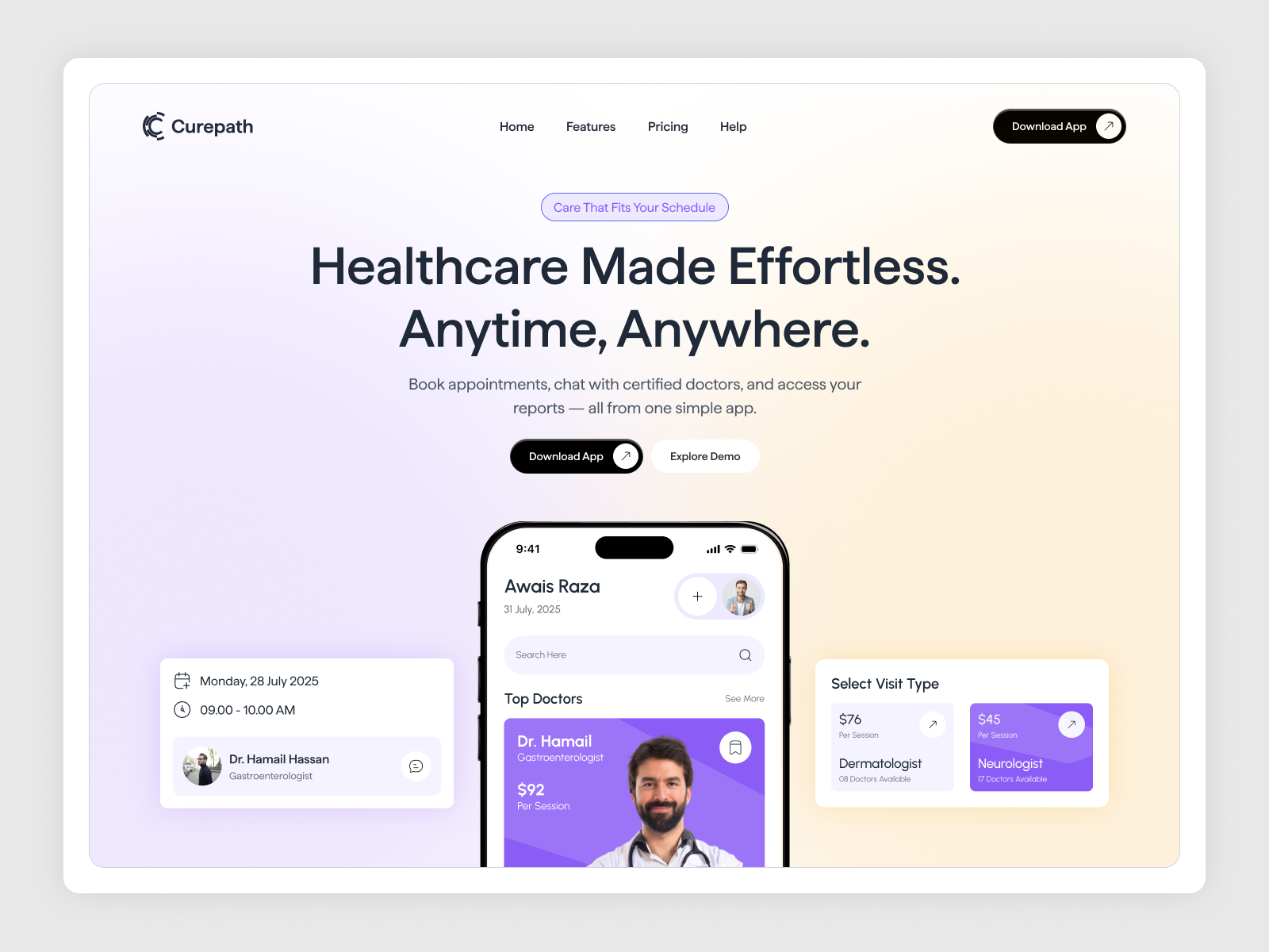 Curepath _ Landing Page Design app design doctor app hero section landing page design medical landing page product design product landing page ui ux ux ui designb web design website design