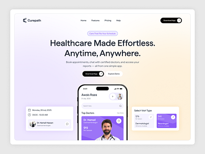 Curepath _ Landing Page Design app design doctor app hero section landing page design medical landing page product design product landing page ui ux ux ui designb web design website design