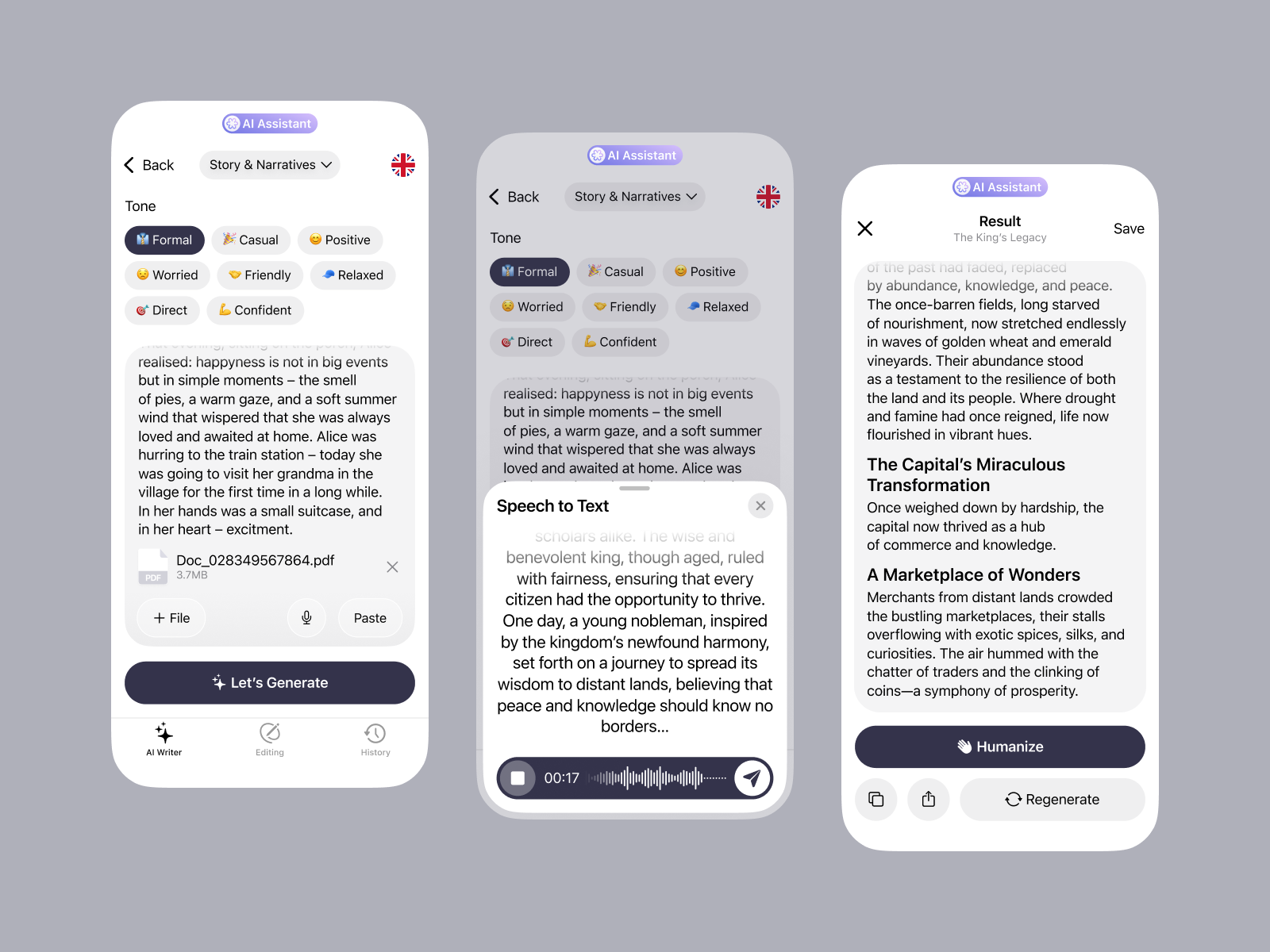 AI Writing Assistant App Design ai app assistant copywriting create design editing generate humanize interface mobile record result style text tool ui ux word writing