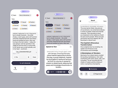 AI Writing Assistant App Design ai app assistant copywriting create design editing generate humanize interface mobile record result style text tool ui ux word writing