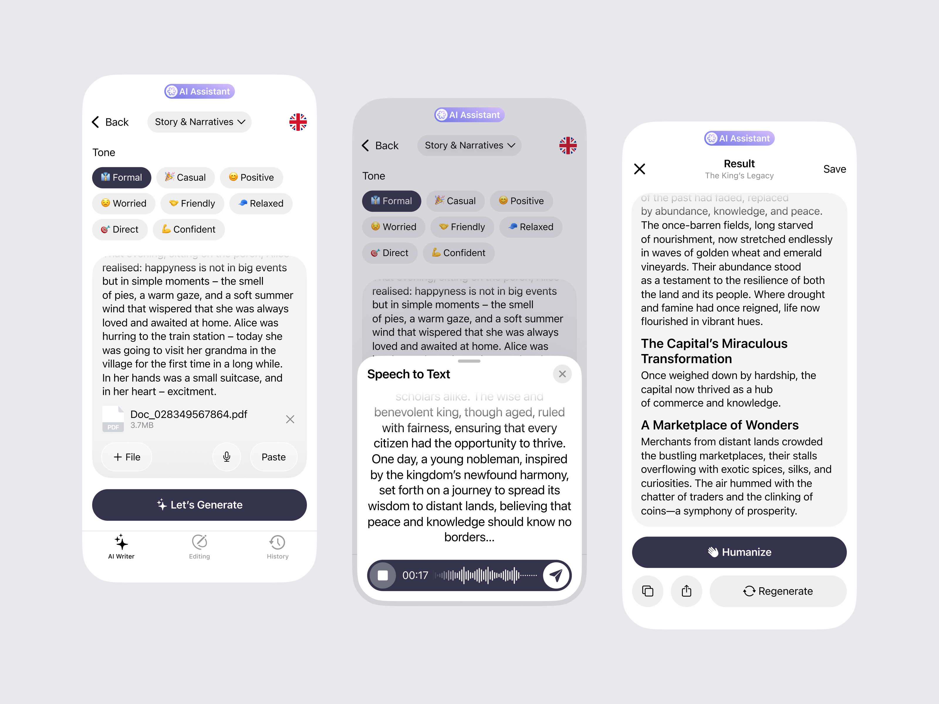 AI Writing Assistant App Design ai app assistant copywriting create design editing generate humanize interface mobile record result style text tool ui ux word writing