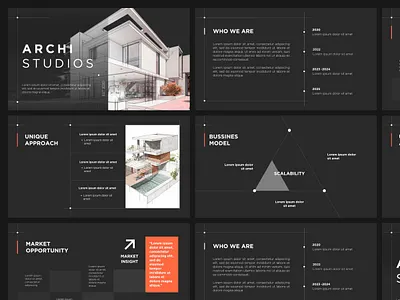 Modern Architecture Pitch Deck Presentation Design architect architecture building clean darkmode design graphic design home house minimal minimalist pitchdeck architecture presentation presentationdesign studio uidesign