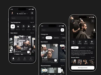 Barber Booking Mobile App Design app design app interface appdesign barber shop barberapp barbershop beauty salon booking platform bookingapp hair cut minimal ui mobile app mobile app design mobileui salonbooking uiux uxdesign