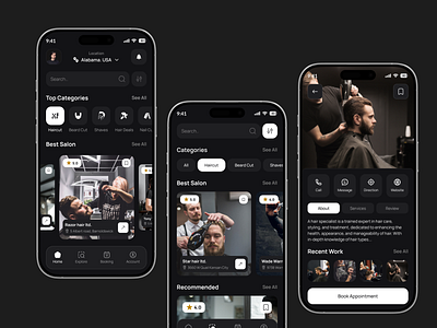Barber Booking Mobile App Design app design app interface appdesign barber shop barberapp barbershop beauty salon booking platform bookingapp hair cut minimal ui mobile app mobile app design mobileui salonbooking uiux uxdesign