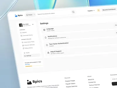 Bpics settings page. By Quadiz admin setting app settings billing quadiz security settings page settings ui user interface user settings