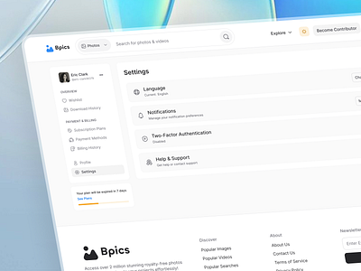 Bpics settings page. By Quadiz admin setting app settings billing quadiz security settings page settings ui user interface user settings
