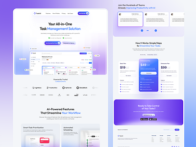 AI-Powered Task Management Dashboard – Modern SaaS Web Design ai design clean interface collaboration tools dashboard ui gradient ui minimal design pricing page productivity app productivity dashboard project management saas design saas landing page task management ux design web design website concept workflow management