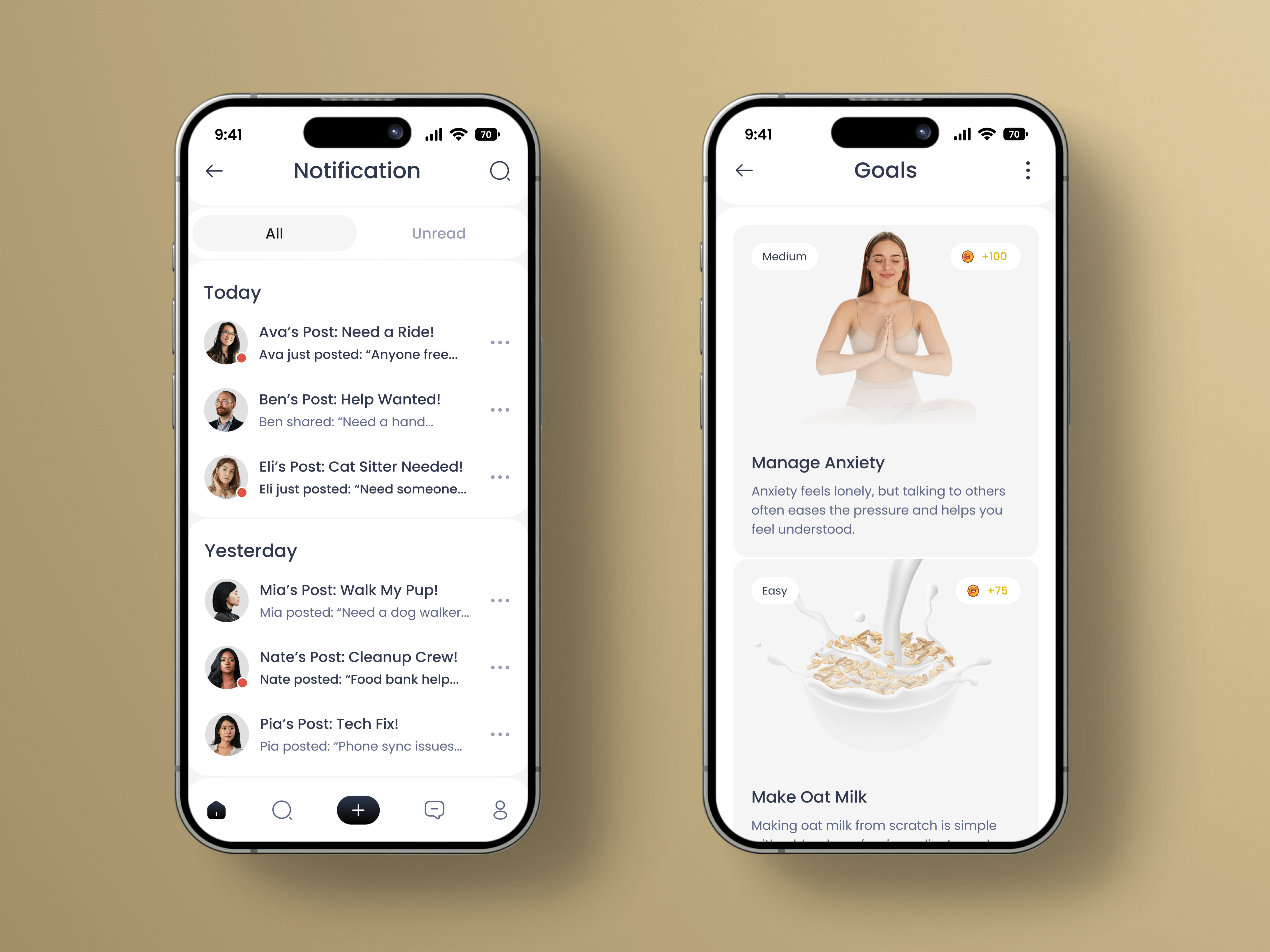 Community Mobile App - Notification / Goals Screen anxiety relief community app community support daily tasks goal tracker help nearby help requests local connections local help local services mental wellness neighborhood support peer support productivity app skill exchange social goals task alerts task sharing volunteer app wellness goals