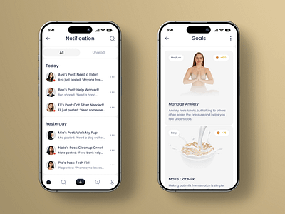Community Mobile App - Notification / Goals Screen anxiety relief community app community support daily tasks goal tracker help nearby help requests local connections local help local services mental wellness neighborhood support peer support productivity app skill exchange social goals task alerts task sharing volunteer app wellness goals