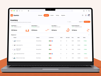 Quantico - Inventory Page dasboard ecommerce inventory inventory dashboard out of stock stock tabel