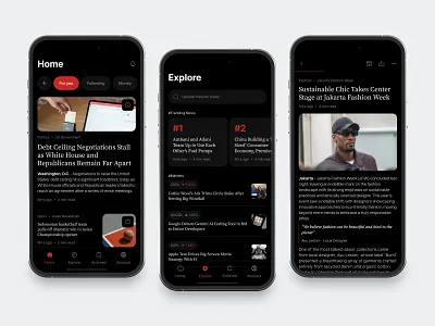 News Mobile App Exploration app article clean dark design explore fireart home list news read ui ux