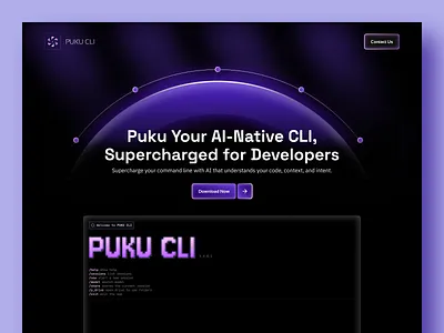 Puku CLI Command Line Interface Landing Page Design cli landing page ui cli ui colorful design command line interface dark theme design dev website landing page design immersive landing page minimal modern design product design puku cli ui user interface ux
