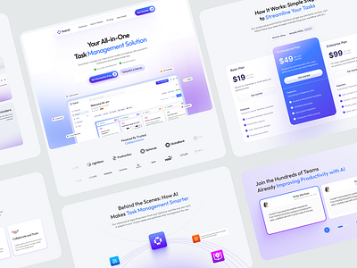 TaskAI – Smart Productivity & Workflow Management Landing Page ai design clean interface collaboration tools dashboard ui gradient ui mehbubur rahman minimal design modern ui pricing page productivity app productivity dashboard project management saas design saas landing page task management ux design web design website concept workflow management