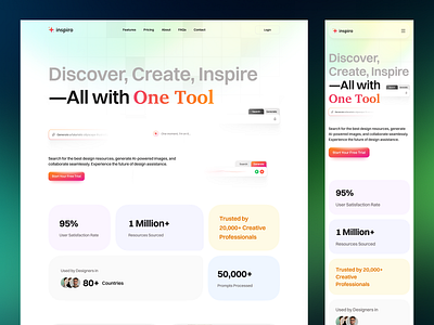 Landing Page — Inspiro AI Tool for Designers ai application apps best design designtool homepagedesign landingpage minimal nice ui ux web