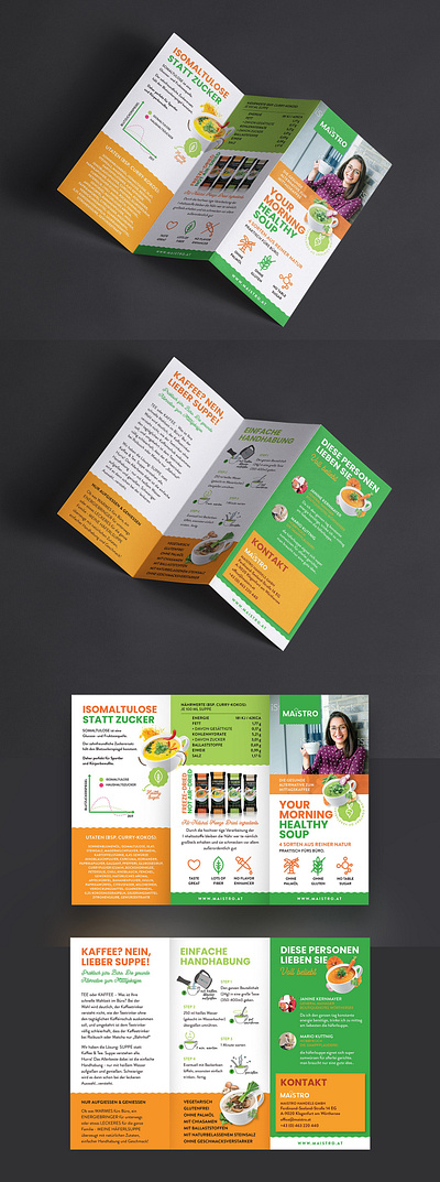 Brochure Design for Maístro Healthy Soup Brand brochuredesign creativedesign foodbranding graphicdesignportfolio healthandwellnessdesign maistrodesign marketingcollateral nutritionalbrand packagingandprint printdesign trifoldbrochure