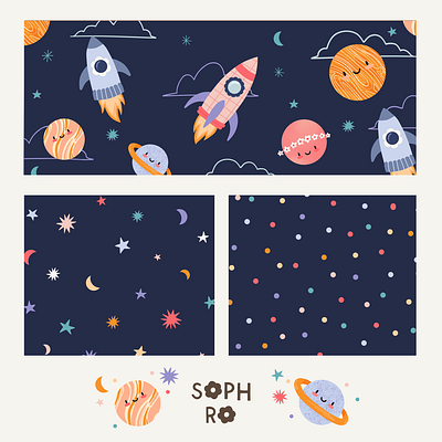 Space Explorer Pattern Set colorful cute design graphic design illustration kids design product design seamless pattern vector illustration vector pattern