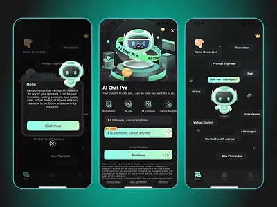 AI Chatbot App UI – Neon Gradient Interface with Onboarding & Su ai ai chatbot app branding design illustration ui ux