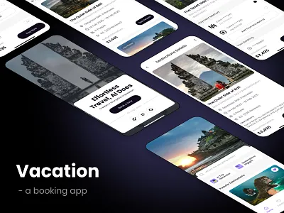 Vacation - a booking app appdesign bookingapp cleanui darkmode digitaldesign figma flightbooking hotelbooking iosdesign mobileapp mobileui modernui tourismapp travelapp traveltech uidesign userinterface uxdesign