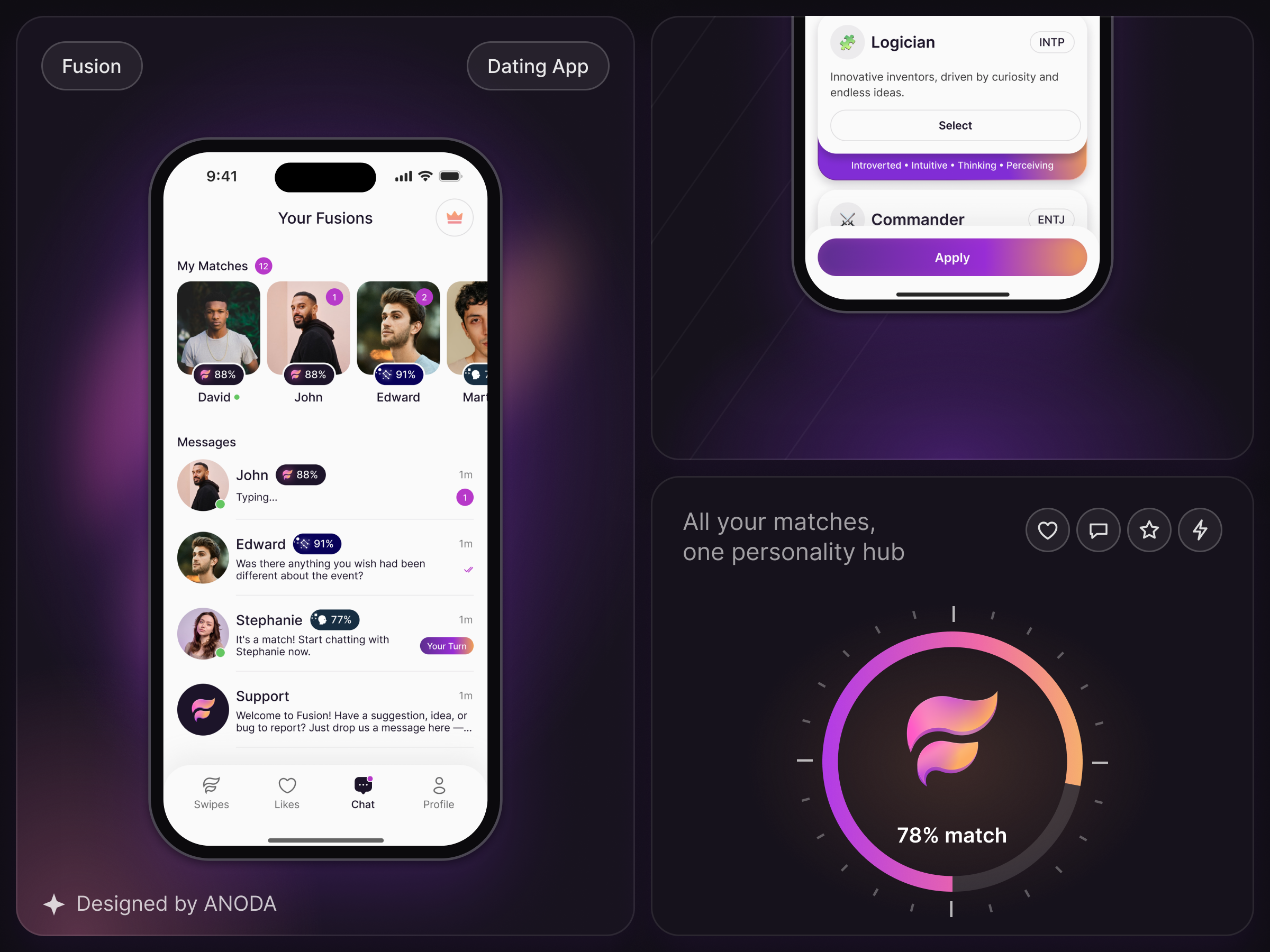 Personality-Based Dating App & Logo branding chat dating app inclusive logo design matching mbti mobile app onboarding personality product design social app ui ux zodiac