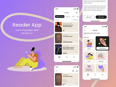 Read, Listen, Learn – Language App Design | Mobile app appdesign appui bookapp designinspiration edtech educationapp languageapp languagelearning learningapp mobiledesign moderndesign productdesign readerapp readingapp selflearning studyapp ui uidesign uiux ux