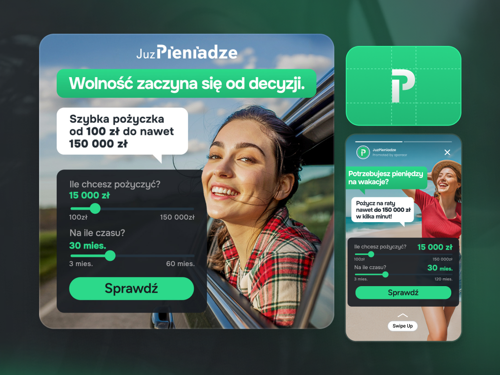 Ad design for JuzPieniadze - a digital loan platform ads bank facebook financial fintech flat gads google green instagram loan meta money poland revolut some