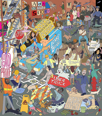 NYC Busy Crowded Street Art character design graphic design illustration mural