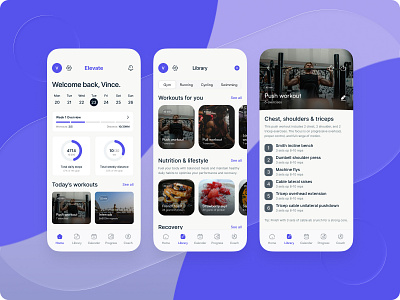 Elevate — Personal sports app app application calender design exercises favorite fitness food health icon library mobile nutrition progress recipes sports tracking ui ux workouts
