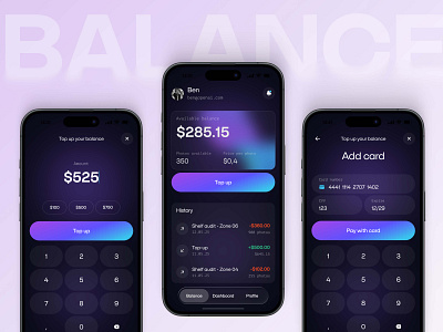 Balance Screen - Shelf AI mobile app ai software app b2b balance bank account card ui dark mode fintech gradient interface ios liquid glass mobile payment product design top up transaction ui