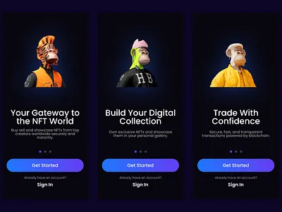 Onboarding Mobile UI for NFTs Buying and Selling branding design graphic design logo nfts ui uidesign uiux uiuxdesign vector
