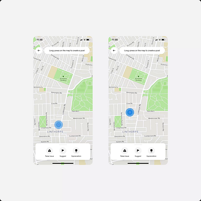 Long Press to create a post design location long press map minimal mobile mobile ux