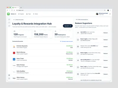 AI Travel Plan Dashboard - Loyalty and Rewards Integration ai ai travel artificial intelligence clean dashboard integration loyalty integration loyalty program minimalist modern reward travel travel dashboard travel planner travel rewards travel tech uidesign uxdesign website