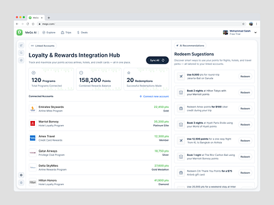 AI Travel Plan Dashboard - Loyalty and Rewards Integration ai ai travel artificial intelligence clean dashboard integration loyalty integration loyalty program minimalist modern reward travel travel dashboard travel planner travel rewards travel tech uidesign uxdesign website
