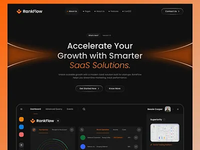 SaaS Landing Page UI — RankFlow Hero black dark darkui dasboard design figma graphic design ideapeel landing page landingpageui orange productdesign rankflow saas saas landing page startup ui webflow