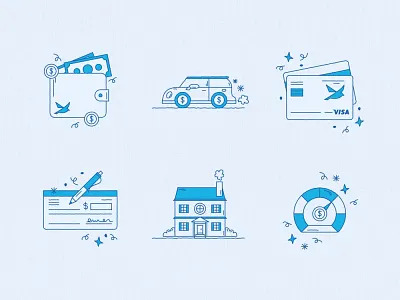 Spero Mini Illustrations banking blue branding car checkbook credit card design graphic design house iconography icons illustration speedometer vector wallet