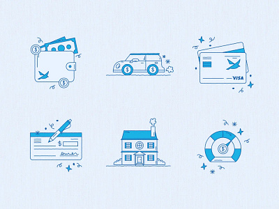 Spero Mini Illustrations banking blue branding car checkbook credit card design graphic design house iconography icons illustration speedometer vector wallet